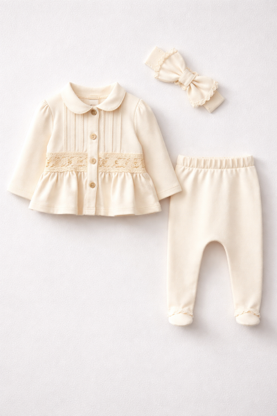 SET DE 3 PIESE BABY AURA 0-3 LUNI CU DANTELĂ ȘI BUZUNARE A34