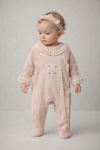 SALOPĂ FETIȚĂ BABY AURA 3-6-9 LUNI CU GULER DE DANTELĂ, DIN 2 PIESE A41