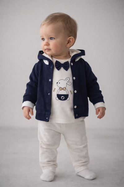 Set de 3 piese cu glugă, brodat cu iepure, BABYIM 3/9 luni A33