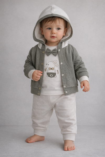 Set de 3 piese cu glugă, brodat cu iepure, BABYIM 3/9 luni A33