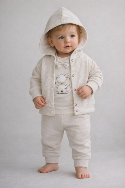 Set de 3 piese cu glugă, brodat cu iepure, BABYIM 3/9 luni A33