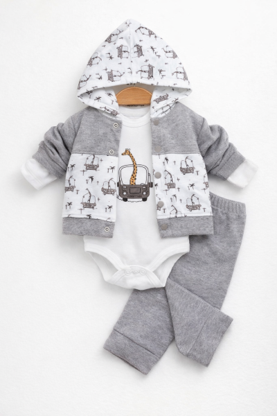 Set de 3 piese cu glugă pentru bebeluși BABYIM 3/9 luni, mașină și girafă A33