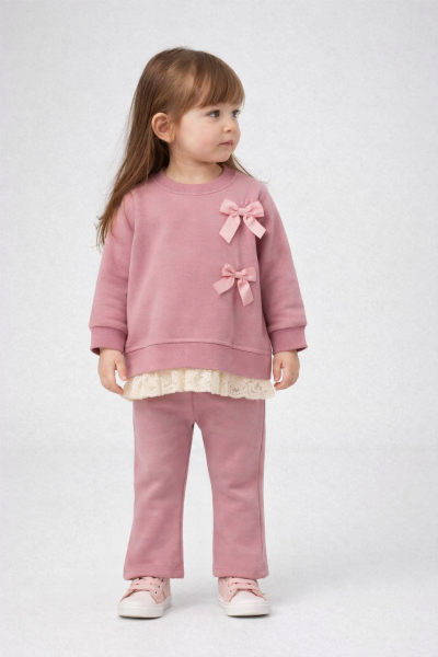 Costum din două piese BYMURAT 9/24 luni cu două funde din ghipură A28