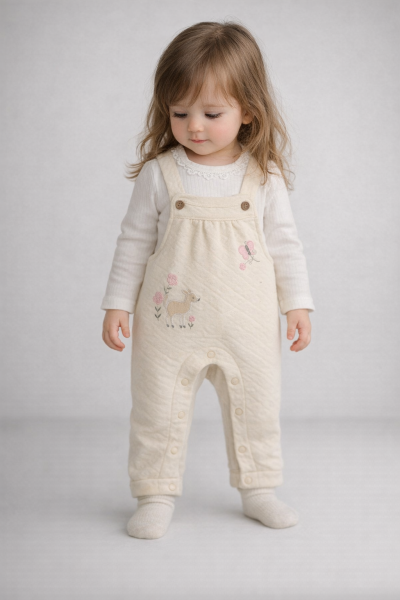 SALOPETE DIN MATERIAL MATLASAT CU FLUTURI ȘI FLORALE DE LA MURAT 3/12 LUNI A32