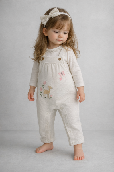 SALOPETE DIN MATERIAL MATLASAT CU FLUTURI ȘI FLORALE DE LA MURAT 3/12 LUNI A32