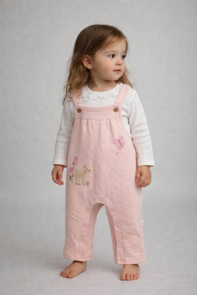 SALOPETE DIN MATERIAL MATLASAT CU FLUTURI ȘI FLORALE DE LA MURAT 3/12 LUNI A32