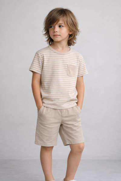 Memoza Set pentru Băieți 2–5 Ani, cu Pantaloni Capri, Dungi și Buzunare A20