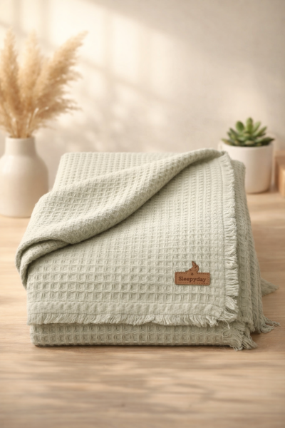 Sleepy Păturică pentru Bebeluși 0–6 Luni, Model Waffle cu Franjuri A31