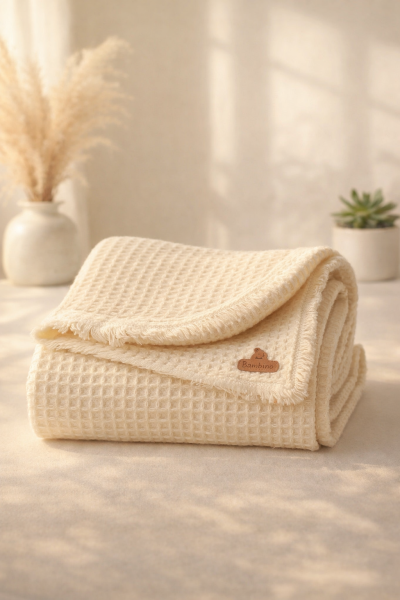 Sleepy Păturică pentru Bebeluși 0–6 Luni, Model Waffle cu Franjuri A31