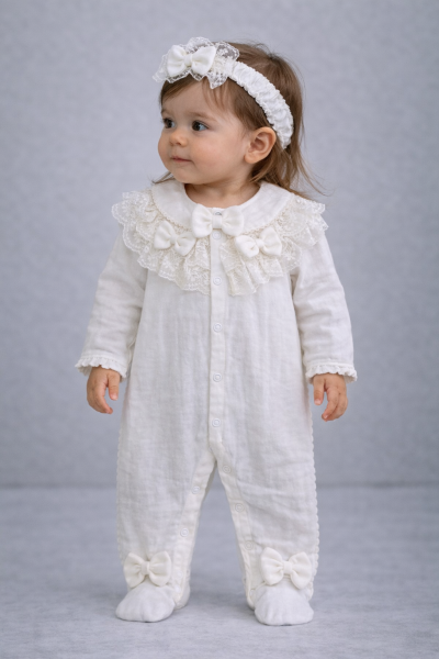 Kardesler Salopetă din Muselină pentru Copii 1–3 Ani, cu Guler din Dantelă A74