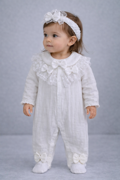 Kardesler Salopetă din Muselină pentru Copii 1–3 Ani, cu Guler din Dantelă A74