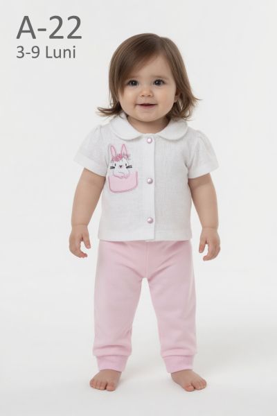 BABYIM Set bebeluși 3–9 luni 2 piese cu buzunar și broderie iepuraș