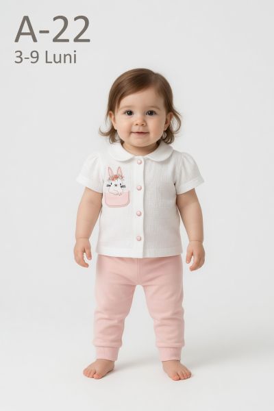 BABYIM Set bebeluși 3–9 luni 2 piese cu buzunar și broderie iepuraș