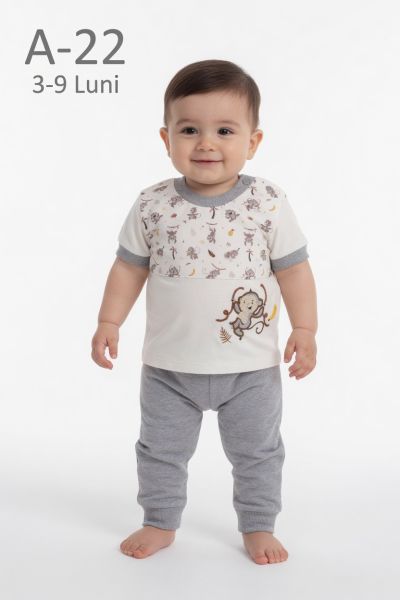 BABYIM Set bebeluși 3–9 luni 2 piese cu broderie maimuță