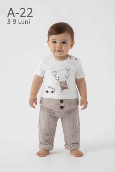 BABYIM Set bebeluși 3–9 luni 2 piese cu broderie pisică în mașinuță