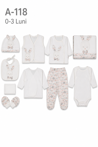 GAYE Set bebe 0–3 luni 10 piese cu imprimeu iepuraș