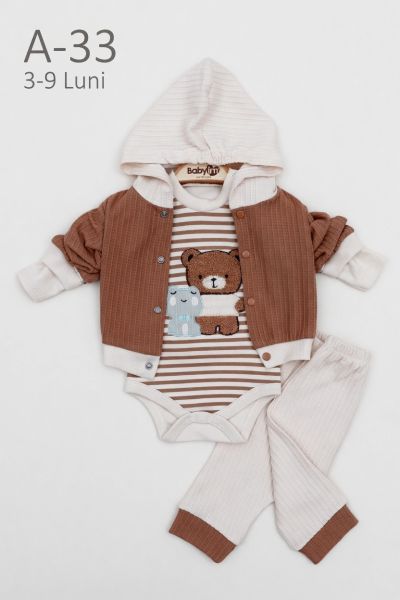 BABYIM Set bebeluși 3–9 luni 3 piese cu glugă și ursuleț