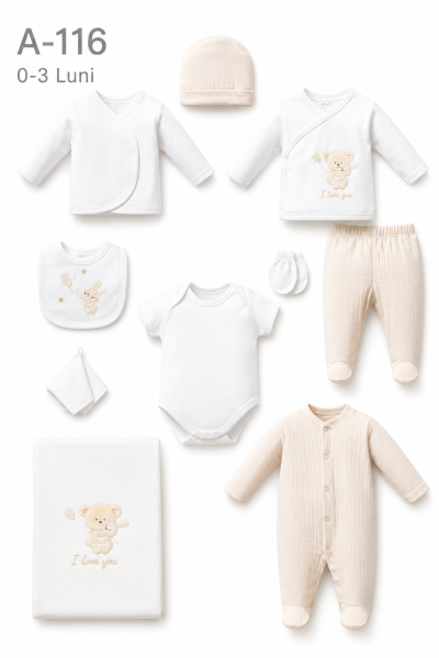BEBITOF Set bebe 0–3 luni 10 piese cu ursuleț îmbrățișat
