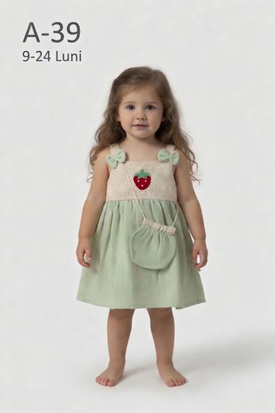 ÇİLEK BEBE Rochie muselină 9–24 luni cu căpșuni și geantă