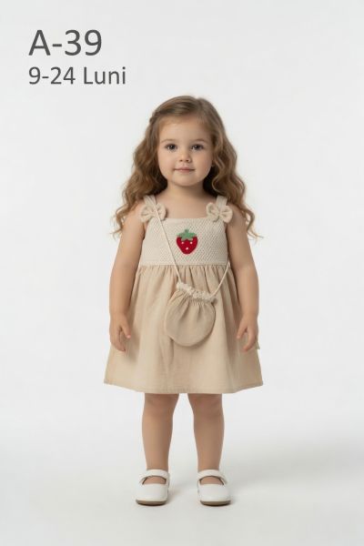 ÇİLEK BEBE Rochie muselină 9–24 luni cu căpșuni și geantă
