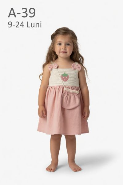 ÇİLEK BEBE Rochie muselină 9–24 luni cu căpșuni și geantă