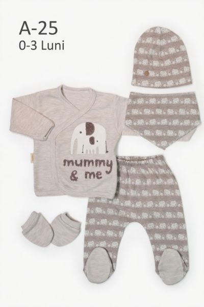 BABYIM Set bebe 0–3 luni 5 piese „Mummy & Me” cu elefănțel