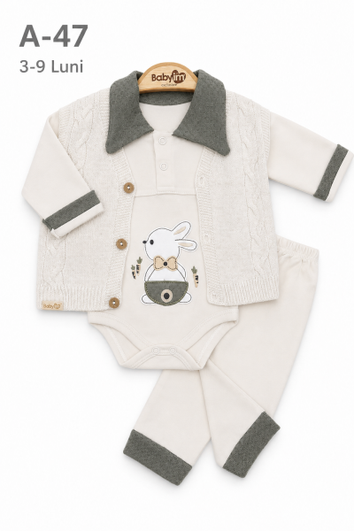 BABYIM Set bebeluși 3–9 luni 3 piese cu vestă și broderie iepuraș