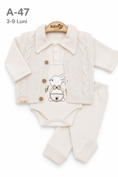 BABYIM Set bebeluși 3–9 luni 3 piese cu vestă și broderie iepuraș