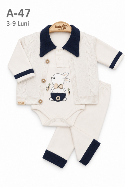 BABYIM Set bebeluși 3–9 luni 3 piese cu vestă și broderie iepuraș